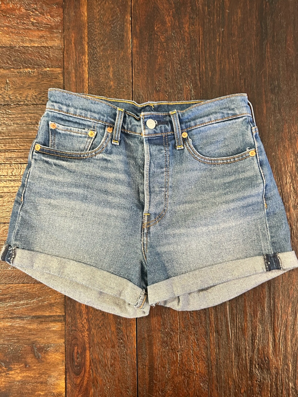Classic High-Rise Denim Shorts in Light Blue